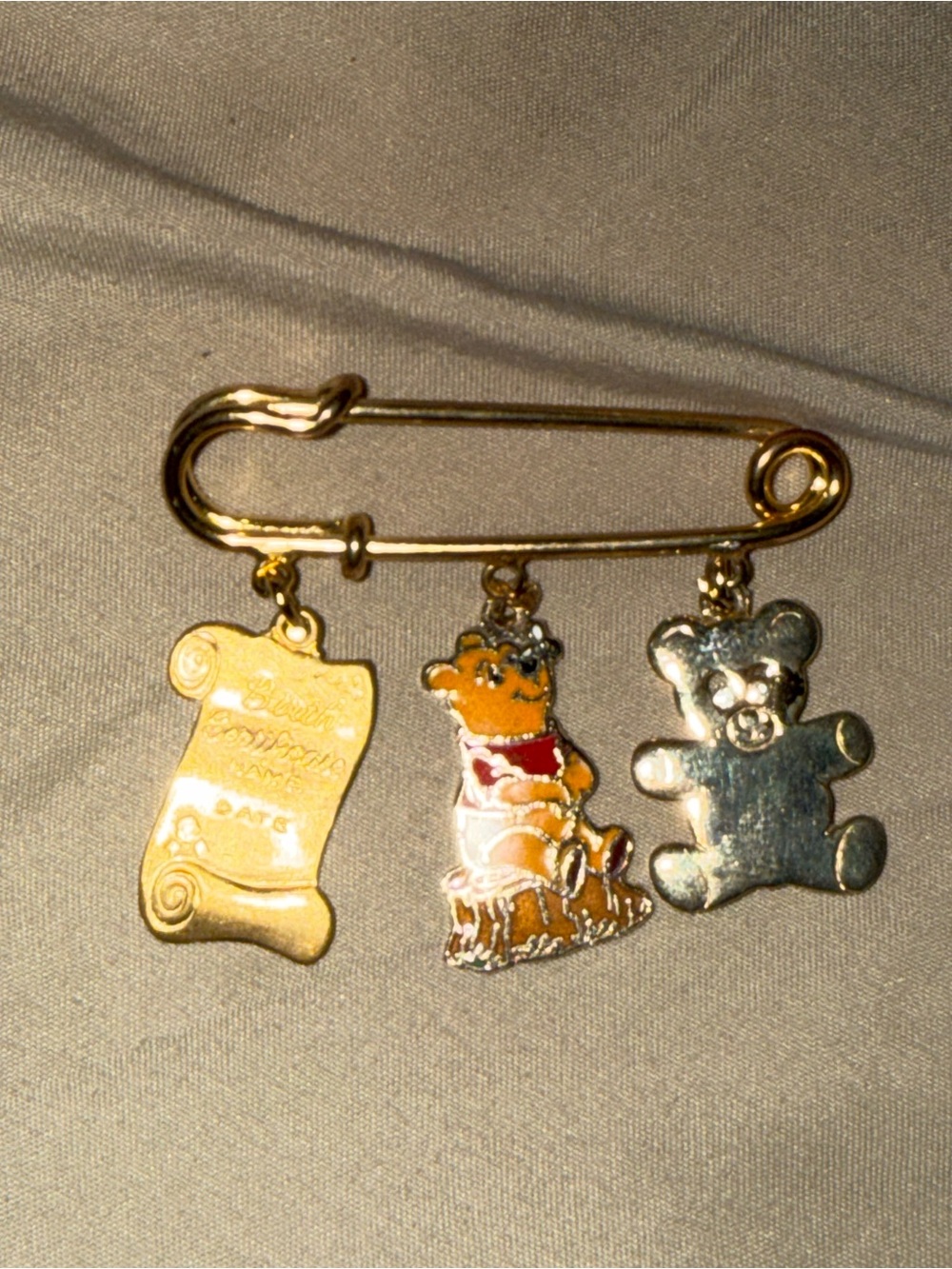Gold Baby Safety Pin Charm Brooch with Winnie the Pooh and Teddy Charms